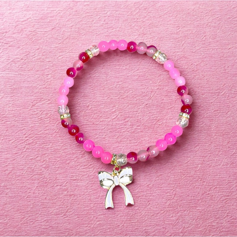 Pink Beaded Bracelet with Bow Charm